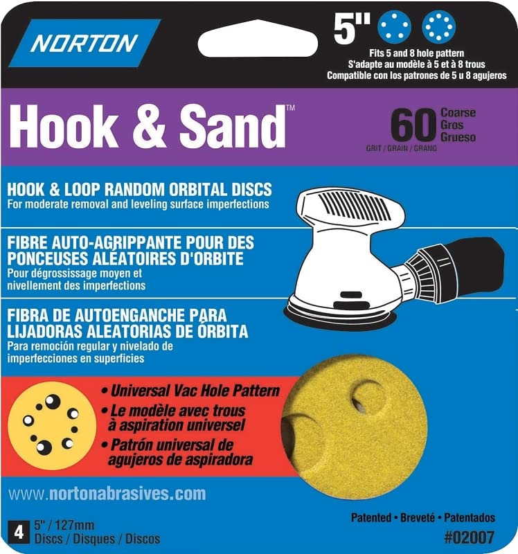 Norton 02007 Hook And Loop Sanding Disc. 5" Dia, 60 - 4/PK