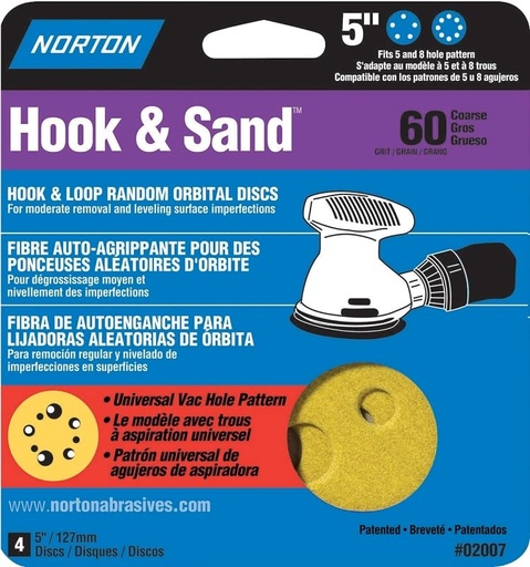 Norton 02007 Hook And Loop Sanding Disc. 5" Dia, 60 - 4/PK